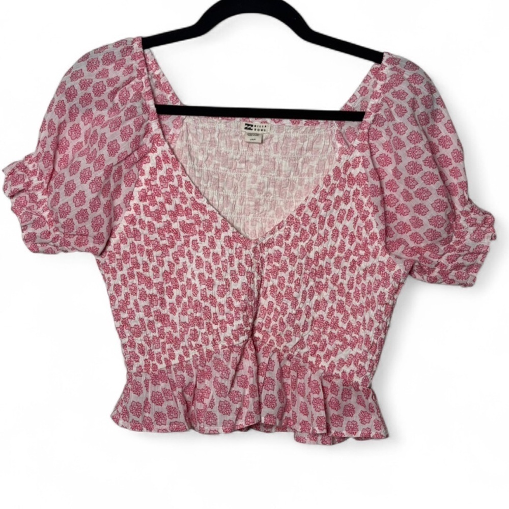 Billabong Pink Ruffle Hem Smocked Peasant Top (Size L)